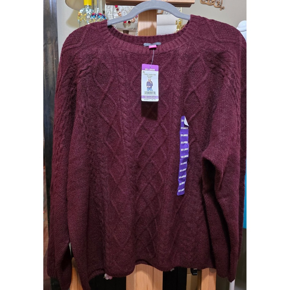 Vince Camuto Womens Wine Burgundy Diamond Cable Knit Crew Neck Sweater XXL NWT